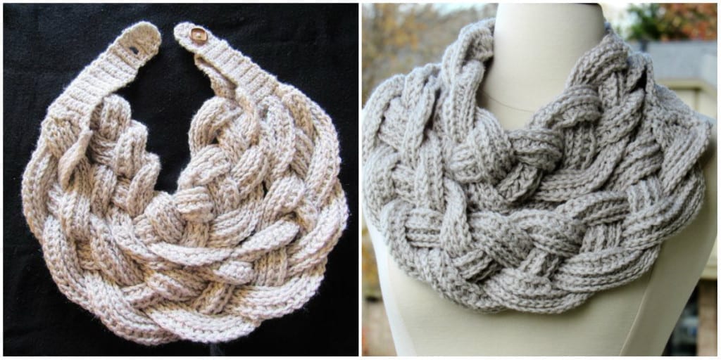 Two pictures of a knitted infinity scarf.
