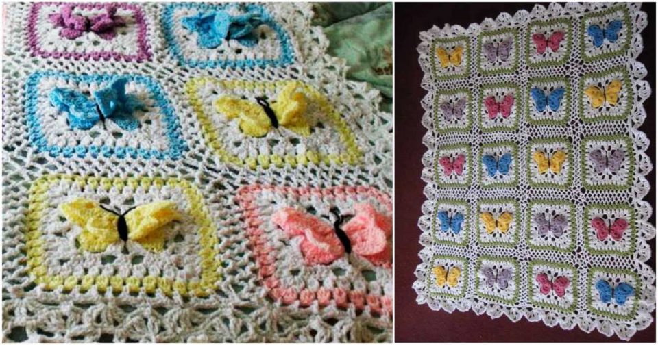 [Afghan] Granny Square with Butterflies Motif [Free Crochet Pattern