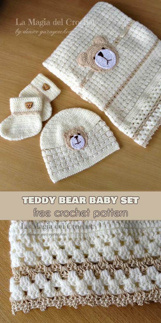 Teddy bear baby set blanket hat booties free crochet pattern