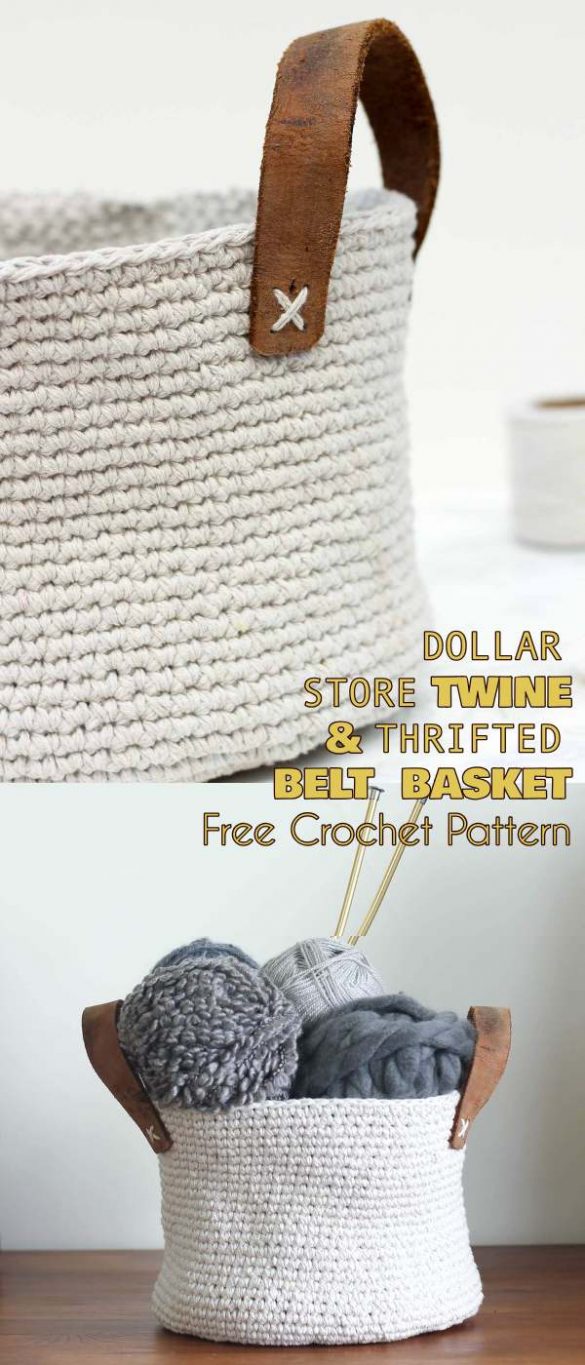 Dollar Store Twine & Thrifted Belt Basket Free Crochet Pattern Your