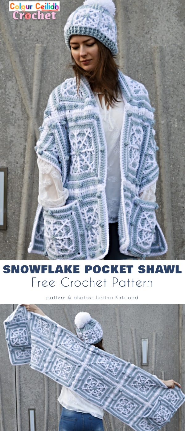 Snowflake Pocket Shawl, white and blue wrap with 2 pockets