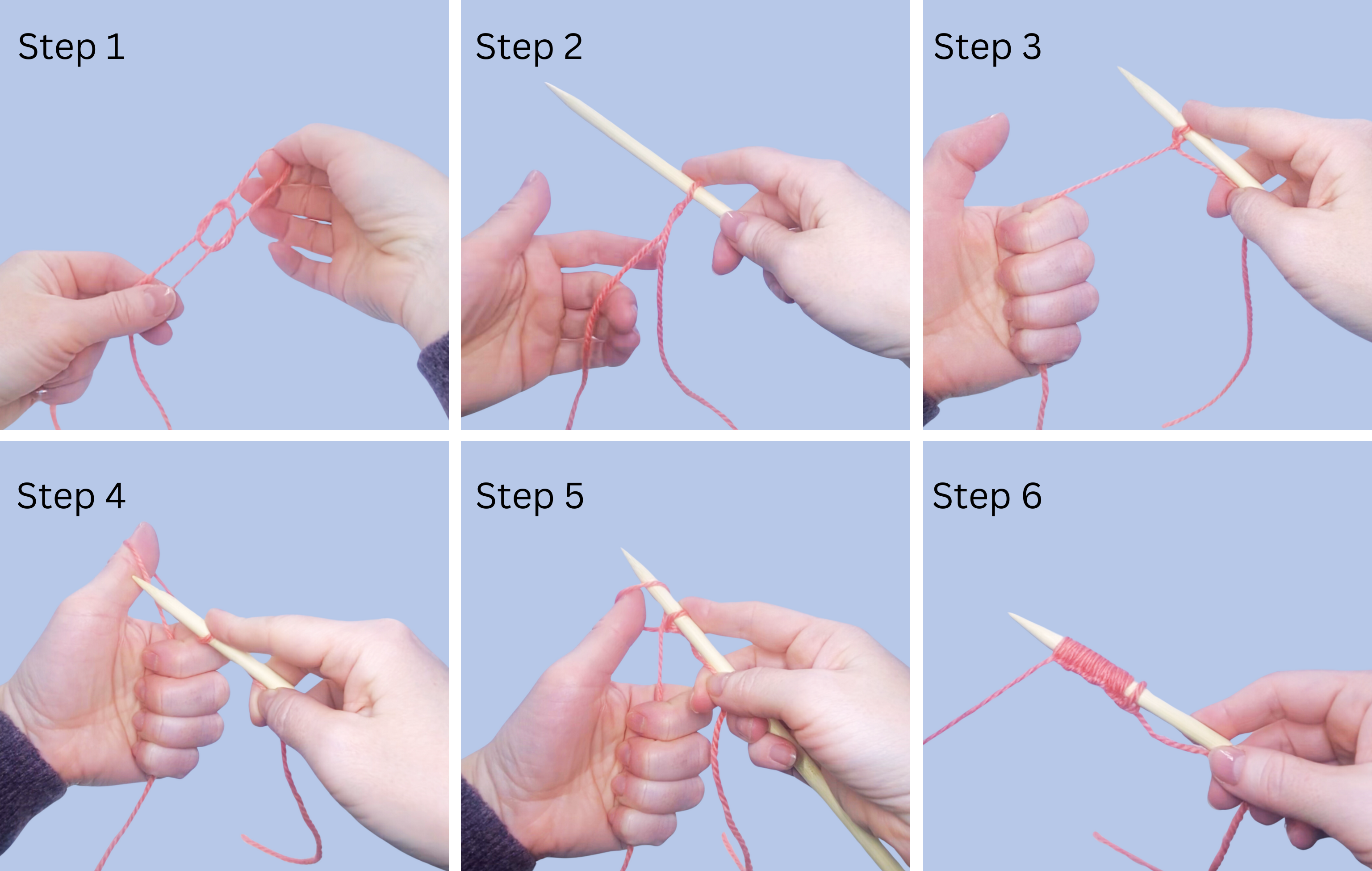 A series of pictures showing how to cast on with a crochet hook.